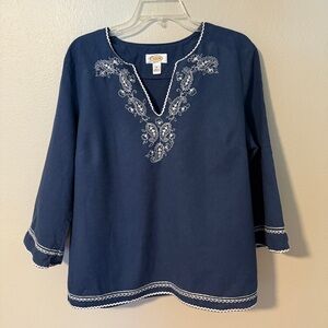 Talbots Blue Linen Blend Tunic with White Embroidery